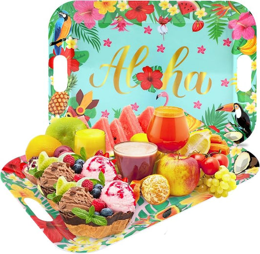 gisgfim 2Prs Summer Floral Serving Trays with Handles 16 x 11Inch Large Melamine Tray Rectangular Hawaiian Luau Serving Platter Aloha Tropical Tray Melamine Dishes for Serving Food Outdoor Party Plate