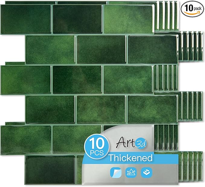 Art3d Peel and Stick Green Wall Tiles – 12"x12" Thicker Design Backsplash, Self-Adhesive Tile for Kitchen & Bathroom Renovation