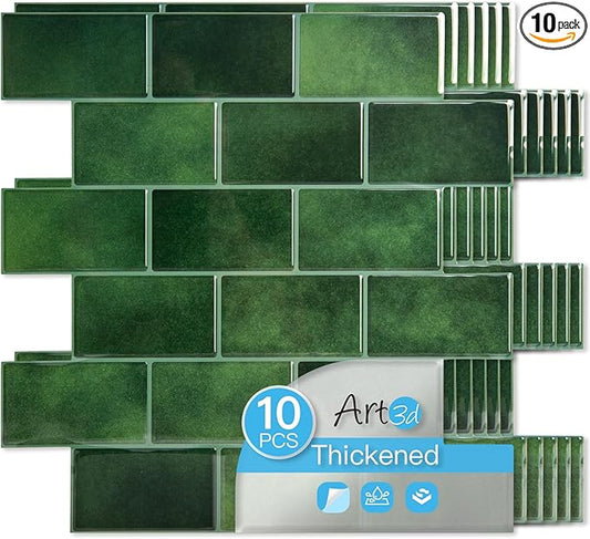 Art3d Peel and Stick Green Wall Tiles – 12"x12" Thicker Design Backsplash, Self-Adhesive Tile for Kitchen & Bathroom Renovation