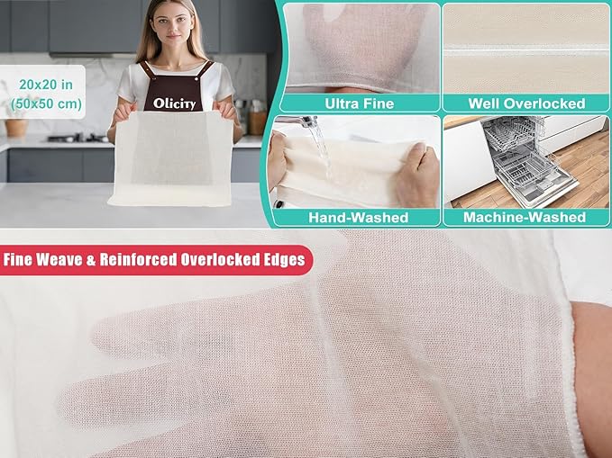 Olicity Cheese Cloths, 2PCS, Double-Layer, 20x20Inch, Reusable Grade 90 Cheese Cloth Bag for Straining, Hemmed Unbleached Cotton Precut Fine Mesh Muslin Cheesecloth for Juicing, Butter, Canning
