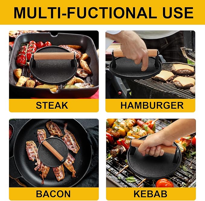 AIVIKI Burger Press, Smash Burger Press for Blackstone Griddle, Heavy Duty Cast Iron Round 6.9In Bacon Grill Press with Wood Handle, Meat Steak Weight for Sandwich, Paninis (Round)