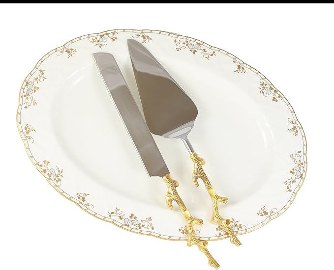 RS Accessories LLC Server Set, Cake, Pie, Desert Flatware Set, Tree Branch Design, 2-Piece 18/10 Stainless Steel with Brass Handles (Light Antique Gold Finish)…
