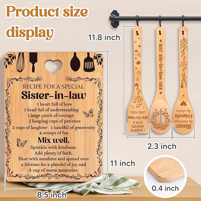 Gifts for Sister in Law - "Recipe for a Special Sister-in-Law", Sister in Law Birthday Gifts Engraved Bamboo-Made Cutting Board Set, Sister in Law Birthday Gifts.