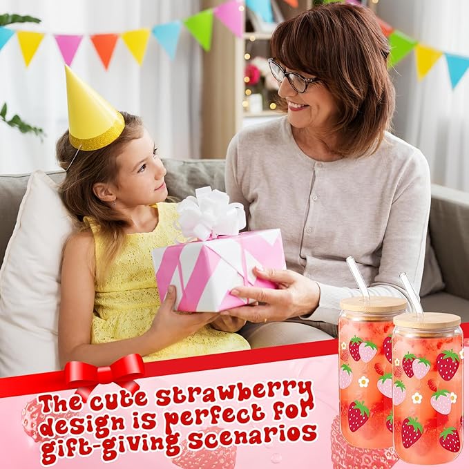 Sliner 2 Pcs Strawberry Glass Cups Drinking Glasses 16 oz Iced Coffee Cup with Lid Straw Cleaning Brush Cute Beer Can Tumbler Holiday Gifts for Spring Summer Home Office Decorations