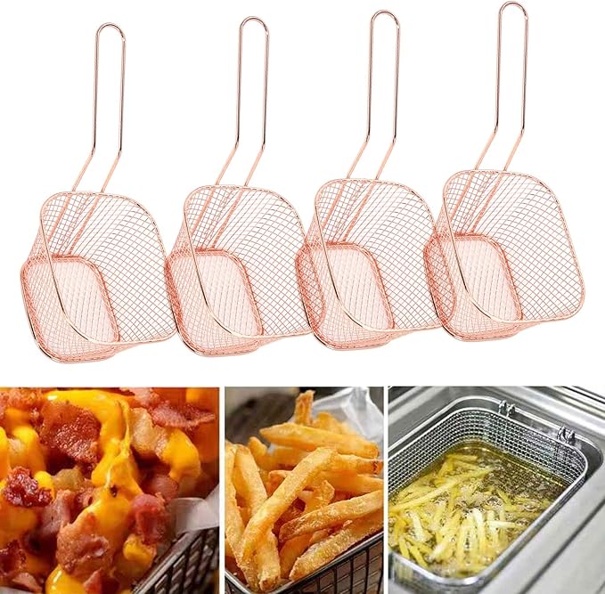 4Pcs Stainless Steel Frying Net Basket flexible design Cooking Strainer for French Fries Food Kitchen Tool(Rose gold)
