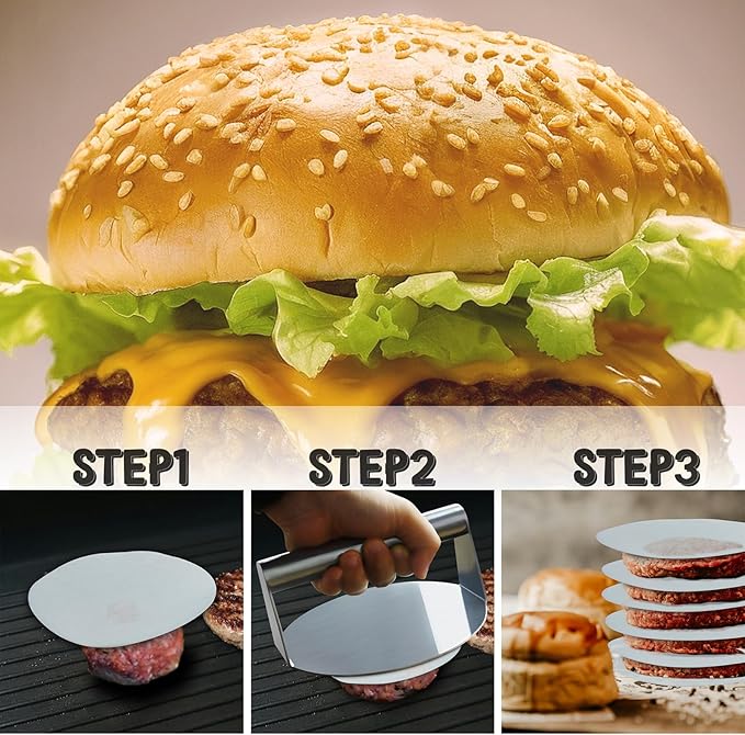 Burger Press Patty Maker,Stainless Steel Smash Burger Press With 100Pcs Parchment Papers,6.3inches Hamburger Smasher Tool,Burger Smasher for Griddle， Smashburger,Bacon,Ground Beef,Meat,Sausage