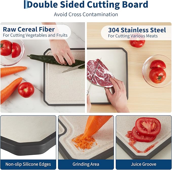 Garvee 304 Stainless Steel Cutting Board for Kitchen - Double Sided Chopping Board with Deep Juice Groove & Handle, Over-The-Sink Design, Scratch Resistant, 15x10 Inch, Premium Kitchen Gift