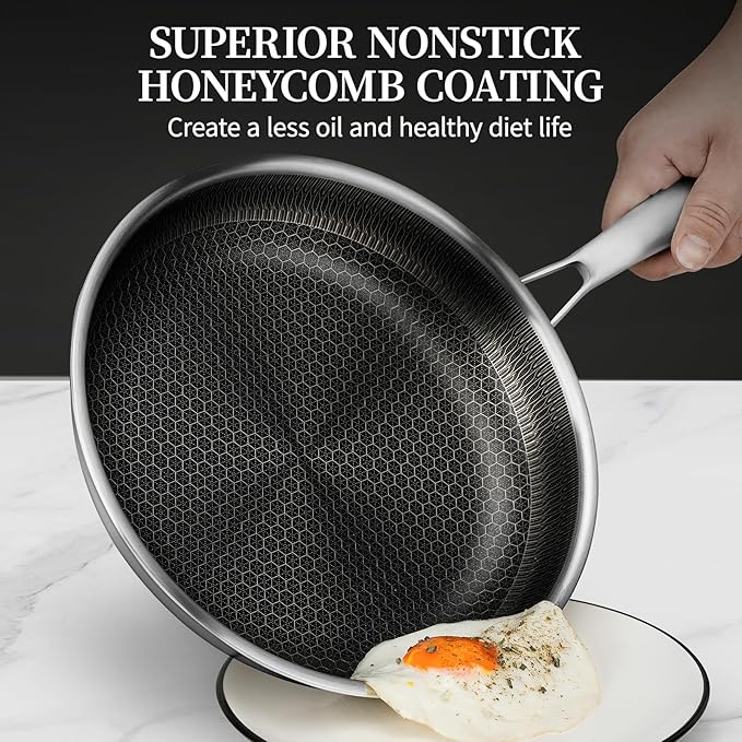 CADIVIZZO 6 Pieces Stainless Steel Frying Pan Set with Lids, Honeycomb Nonstick Frying Pan Set 3 Pcs,Induction Skillet Set Egg Omelette Frying Pan Sets W/Lid, Induction Compatible, PFOA Free