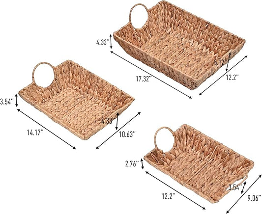 happimess TRY2000A-3SET Rowan Bohemian Cottage Handwoven Hyacinth Rectangular Decorative Basket Trays with Handles, Natural (Set of 3) for Storage and Decoration in Bathroom, Bedroom, Living Room