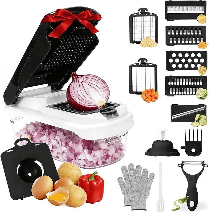 Multifunctional Mandoline Slicer with 7 Blades, Vegetable Chopper Food Cutter with Container, Onion Dicer Potato Grater Salad Prep Tool, Stainless Steel Kitchen Gadgets for Veggie Fruit (Black)