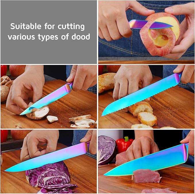 WELLSTAR Kitchen Knife Set 5 Piece, Razor Sharp German High Carbon Stainless Steel Blade, Chef Bread Carving Utility Paring Knives for Culinary Chopping Cutting Slicing and Peeling - Rainbow