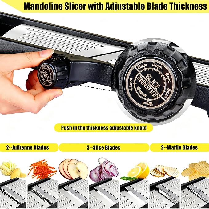 Mandoline Food Slicer for Kitchen, Adjustable Stainless Steel Mandoline Vegetable Slicer, Onion/Potato Slicer/French Fry Cutter, 6-Piece Fruit & Vegetable Cutting Set (Black/Silver)