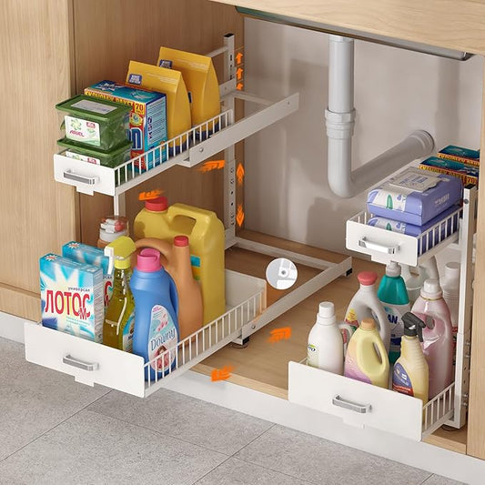 Under Sink Organizer,2 Tier Slide Out Kitchen Cabinet Organizers with Pulley,Under Bathroom Sink Pull Out Organizer with Multiple Height Adjustments for Kitchen and Bathroom Cabinets (White)