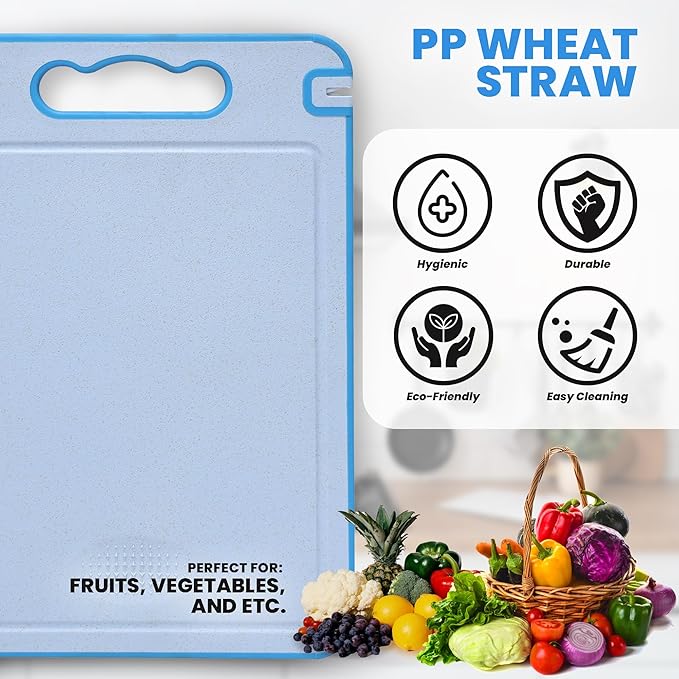 LUMAI Blue Stainless Steel Cutting Board for Raw Meat & PP Wheat Straw for Fruits, Veggies & Bread, Non Toxic Cutting Board for Kitchen w/Knife Sharpener, Stainless Steel Chopping Boards for Kitchen