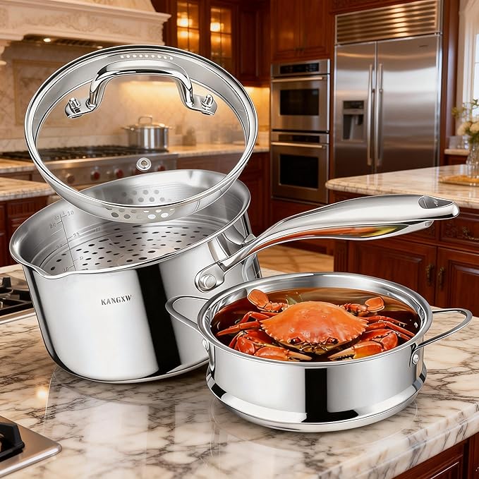 KANGXW 4.0 Quart Stainless Steel Saucepan With steamer,With Pour Spout and Filter Glass Lid Milk Pan, Sauce, Gravy, Pasta Stock Pot For All Stovetops