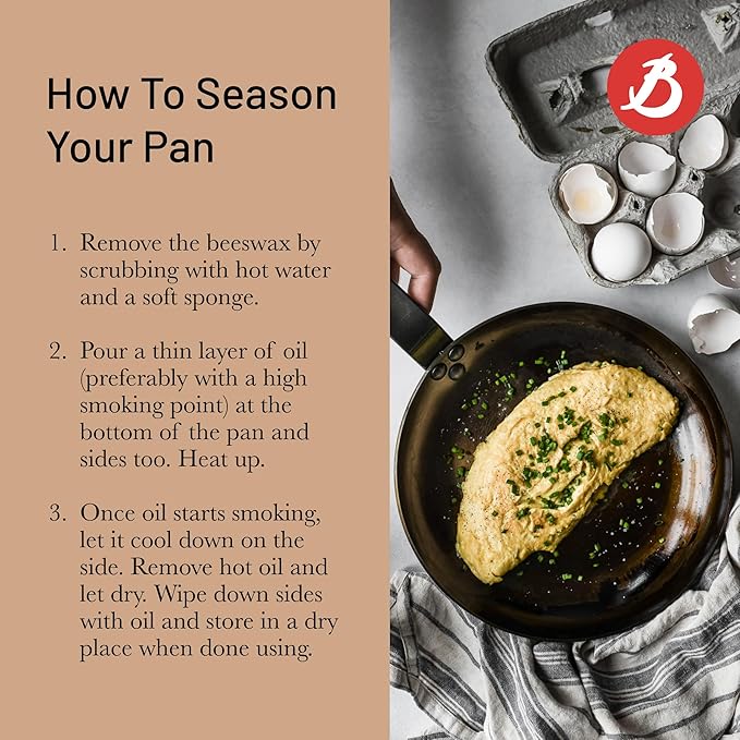 de Buyer MINERAL B Carbon Steel Omelette Pan - 8” Diameter, 6.9” Cooking Surface - Naturally Non-Stick Finish - Made in France