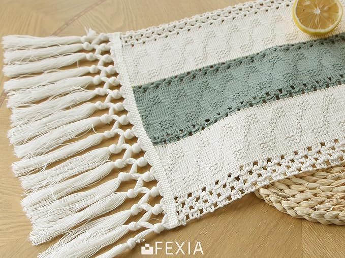 FEXIA Sage Green Table Runner 72 Inches Long with Tassels Boho for Easter Decor Macrame Farmhouse Table Runners for Home Decor Party Bohemian Rustic Bridal Shower Dining Decorations(12x72 Inches)
