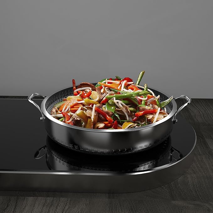 CATHYLIN 316L Stainless Steel 8QT Frying Pan Hex Nonstick Wok with Lid, Two Handle to Hold, PFOA Free, Dishwasher Oven Safe (8QT)