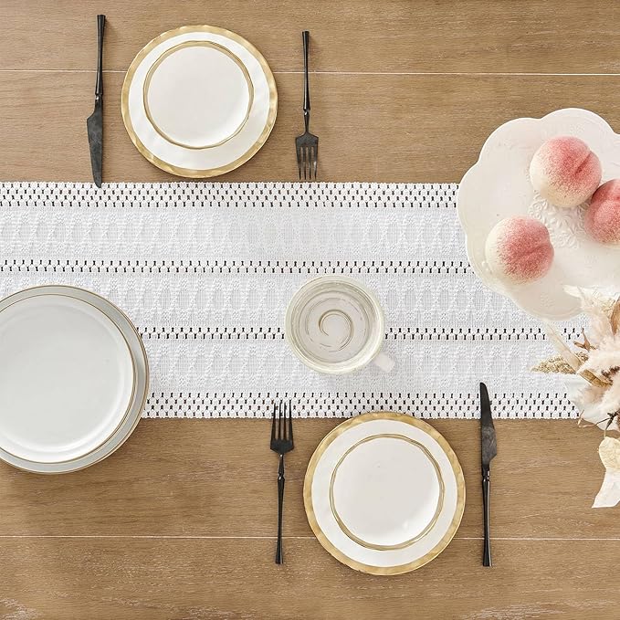 ZeeMart Macrame Style Boho Table Runner, White Table Runners 36 Inches Long, Farmhouse Woven Home Decor, 12x36 Inch, White