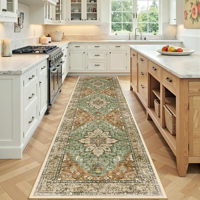 Area Rugs 3'x9' Runner Rug Non Slip Washable for Kitchen Hallway Bedroom Beside Laundry Room Bathroom Rug, Floor Carpet, Brick Red Rust Neutral Brown Burnt Orange Green