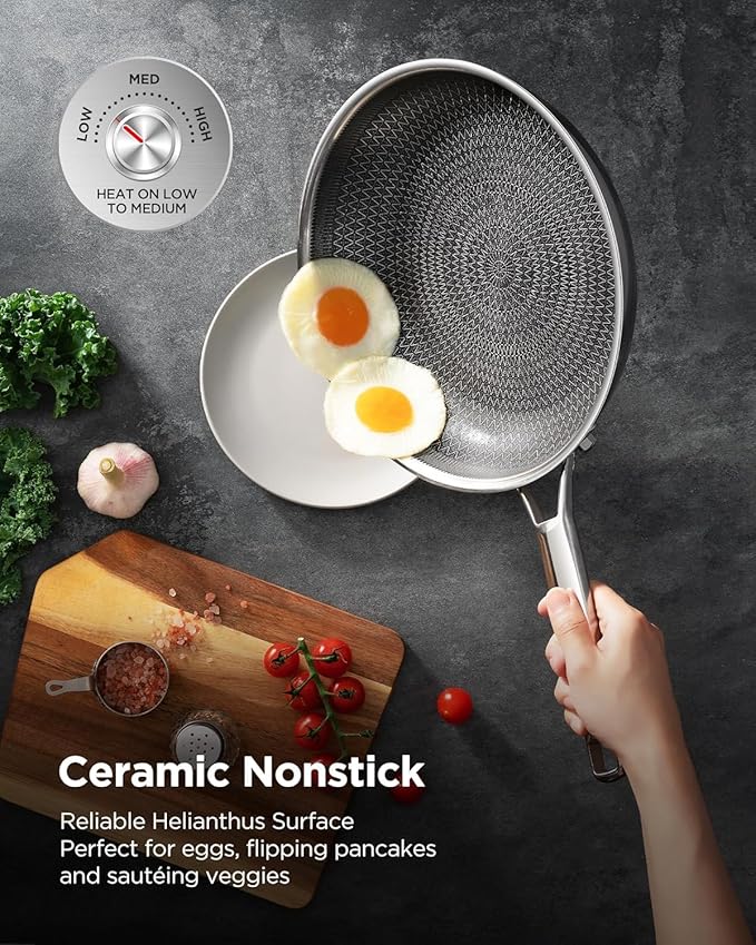 Non Stick Frying Pans Hybrid Ceramic With Lid, 12 Inch Tri-Ply Stainless Steel Skillet, Non-Toxic, PFAS/PFOA/PTFE Free, Metal Utensil Safe, Dishwasher & Oven Safe,Upgraded Version