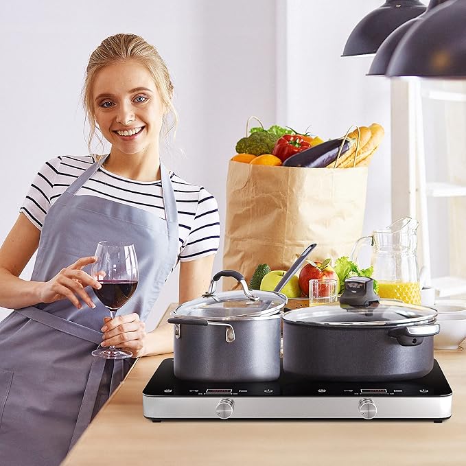 Double Induction Cooktop Burner, 1800w 2 burner Induction Cooker Cooktop, 10 Temperature 9 Power Settings Portable Electric Countertop Burner Touch Stove with Child Safety Lock & Timer