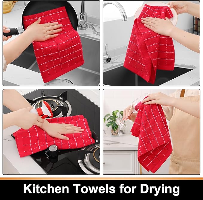 Mordimy 100% Cotton Terry Cloth Kitchen Towels, Super Soft and Absorbent Dish Towels for Drying, Checkered Designed Hand Towels for Kitchen, 16 x 26 Inches, 6 Pack, Red