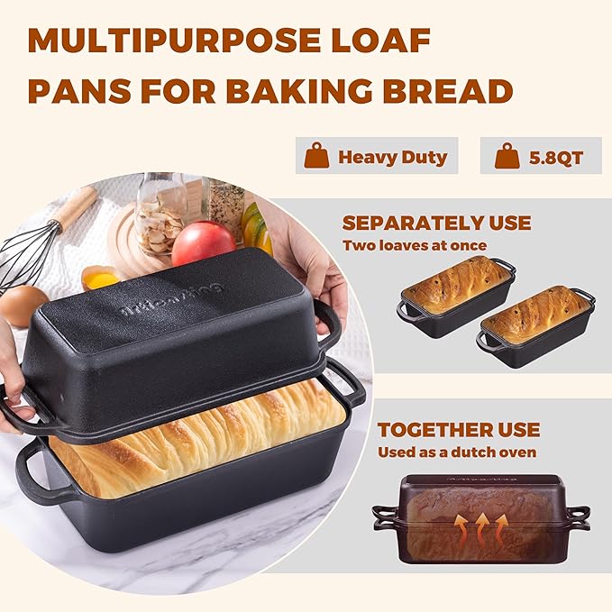 Articasting 11x5 Inch Cast Iron Bread Loaf Pan With Lid，5.8 Qt Large Loaf Pan For Sourdough Bread Baking, Pre-Seasoned Heavy Duty Dutch Oven Bread Pan For a Crispy Crust