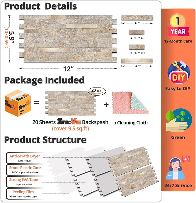 20 Sheets Peel and Stick Backsplash, Dark Beige with Metal Gold Look PVC Wall Tiles Upgrade Your Kitchen Backsplash, RV, Fireplace