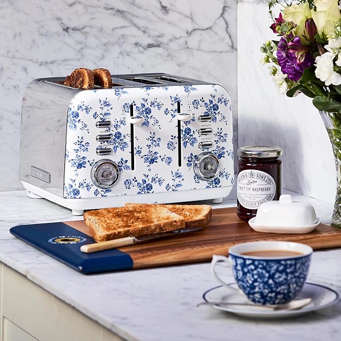 VQ Laura Ashley China Rose Stainless Steel 4 Slice Toaster | Multi-Functional Bagels & Bread Toaster 4 Slice with Adjustable Heating & Defrost Mode | Featuring 4 Wide Slots & Croissant Warming Rack