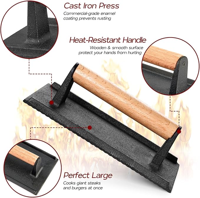 Onader 8.4 Inch Rectangle Smash Burger Press, Cast Iron Grill Bacon Press Set of 2