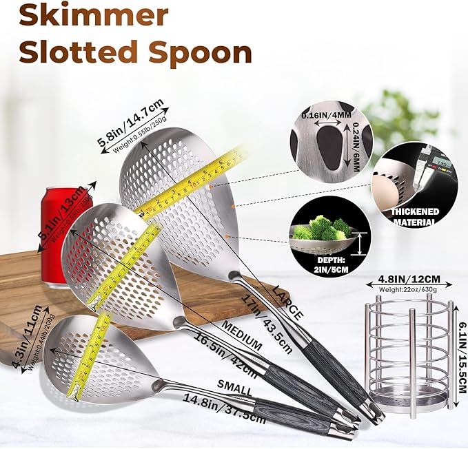 MARTE Skimmer Slotted Spoon Set of 4 - Kitchen Pasta Strainer Spoon - Spider Strainer Skimmer Ladle Spoon with Holder for Cooking and Frying Food, Spaghetti, Vegetable, Dumpling - 14.8In,16.5In,17In