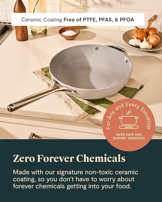 Caraway Non-Stick Stir Fry Pan - 12” Wok-Inspired Pan - Free From Forever Chemicals - High-Sloped Walls - Stainless Steel Handles - Perracotta