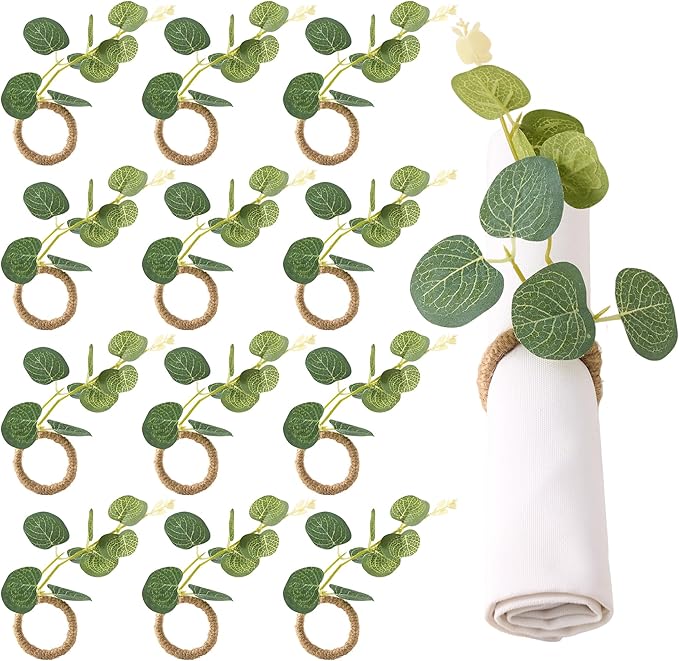 APTWOW Spring Napkin Rings Set of 12, Boho Eucalyptus Leaf Napkins Rings, Farmhouse Easter Napkin Holder for Weddings Christmas Party Table Decor