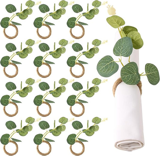 APTWOW Spring Napkin Rings Set of 12, Boho Eucalyptus Leaf Napkins Rings, Farmhouse Easter Napkin Holder for Weddings Christmas Party Table Decor