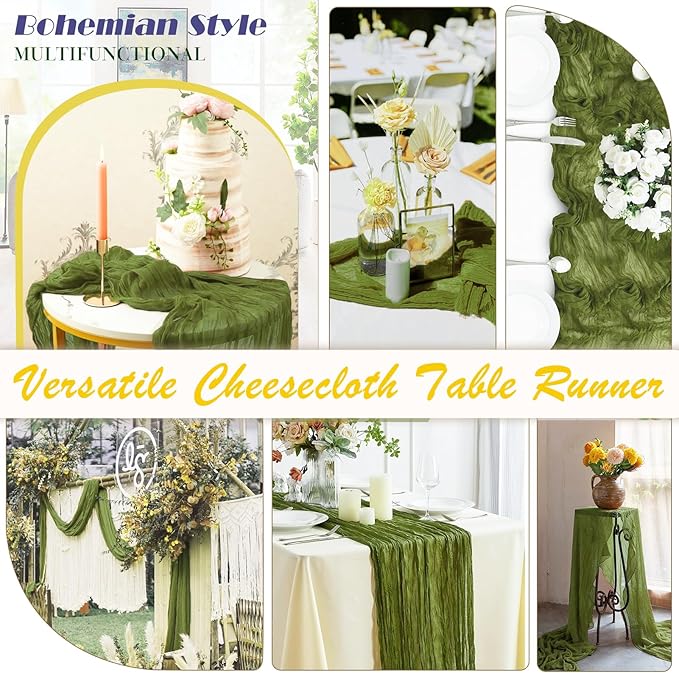 Olive Green Cheesecloth Table Runner 1 Pack 35" Boho Gauze 120 inches Long Runner Rustic Sheer Fabric Bulk for Baby Shower Wedding Bridal Birthday Party Table Decorations
