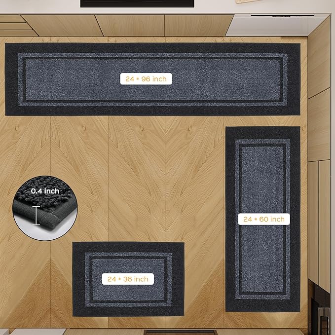 Kichen Rugs 24" x 96", Non-Slip Machine Washable Kitchen Runner Rugs Floor Mats, Absorbent Comfort Standing Mats for Kitchen, Sink, Laundry and Hallway, Bluish Grey & Charcoal