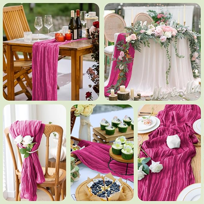 Wokceer Cheesecloth Table Runner 12Pack 10FT Fuchsia Boho Gauze Cheese Cloth Table Runner for Party Long Rustic Sheer Table Runners for Baby Bridal Shower Wedding Easter Table Decor