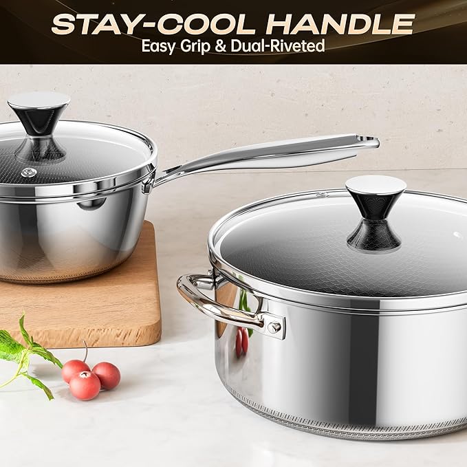Hybrid Nonstick 4-Quart Stockpot,9.5 Inch Stainless Steel Stockpot with Glass Lid,PFAS PFOA PTFE Free, Dishwasher-Friendly,Oven-Safe Up to 600°F,Non-stick Soup Pot Compatible with All Cooktops
