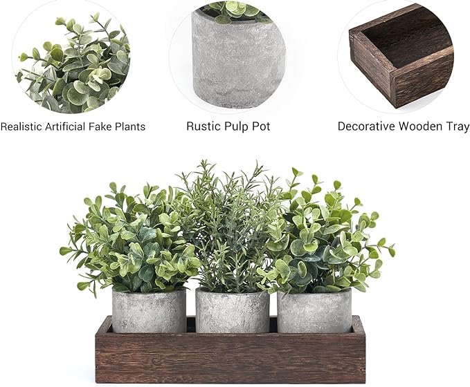 Dahey 3 Pack Mini Potted Artificial Eucalyptus Fake Plants with Wood Tray Centerpiece Table Decorations, Farmhouse Pulp Flower Pots Greenery Home Decor for Coffee Table Dining Room Office Kitchen