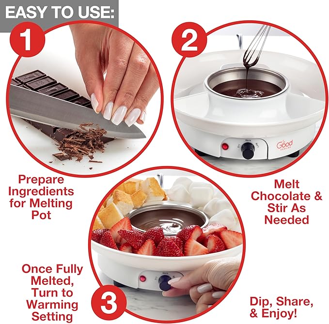 Electric Fondue Maker Deluxe Set w 4 Forks- Removable Serving Tray for Cheese & Chocolate Melting, Warming Setting- Valentines Day Candy Bar Melter, Party Must Have- Appetizers Desserts- Gift for Host