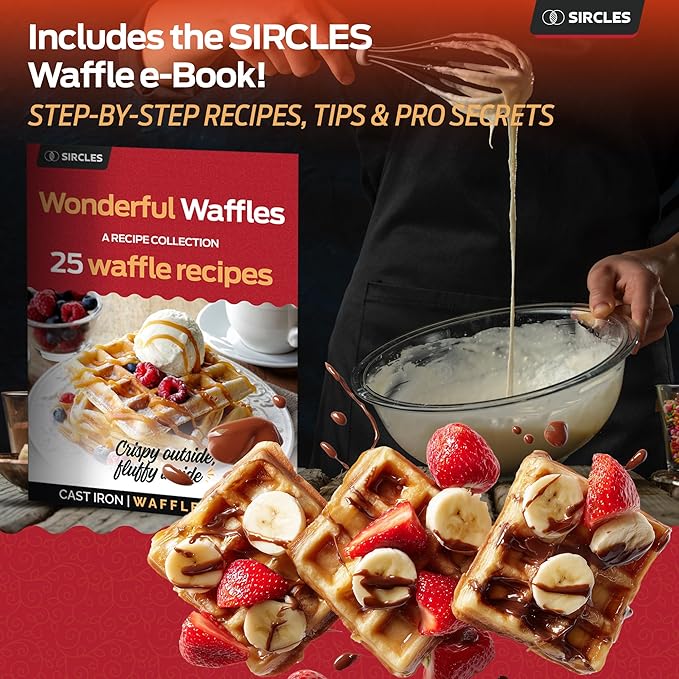 Sircles Cast Iron Waffle Maker - Makes 4 Square Belgian Waffles - Non Electric - Heavy Duty - Belgian Waffle Maker - 8.5 inch Square Waffles - E-book recipes