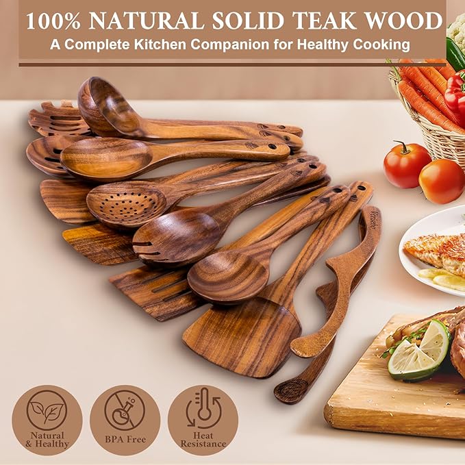 12 Piece Wooden Spoons for Cooking, Natural Teak Wooden Utensils Set, Handmade Wood Kitchen Utensil Set with Hooks, Durable Nonstick, Comfort Grip, Heat Resistant Wood Cookware Tool