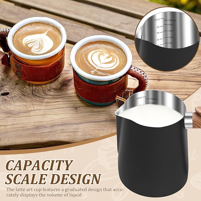 Milk Frothing Pitcher, 20oz/600ml Stainless Steel Milk Frother Cup Measurement, Barista Espresso Steaming Jug with Coffee Art Pen and Ergonomic Handle for Cappuccino Latte Art(black,600ml)