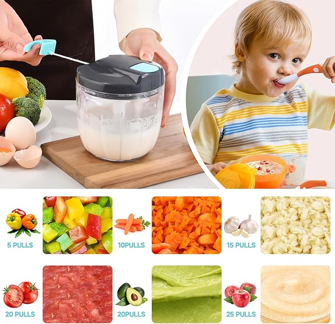 Ziweaye Manual Food Processor Vegetable Chopper, Portable Hand Pull String Garlic Mincer Onion Cutter for Veggies, Ginger, Fruits, Nuts, Herbs, etc., （900ml,Gray-blue）