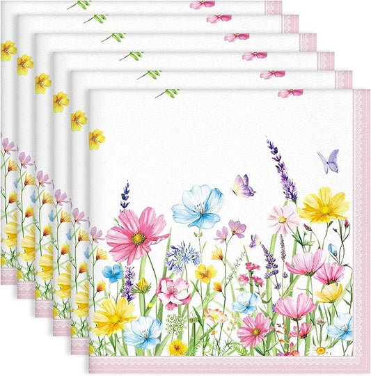 Wildflower Napkins, 18×18 Inch Butterfly Dinner Cloth Napkins Set of 6, Washable Cotton Soft Absorbent Square Napkins for Dining Kitchen Party Wedding Decoration
