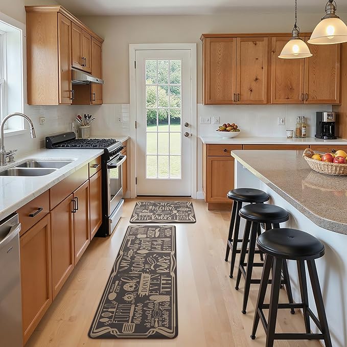 GENIMO Kitchen Mats for Floor 2PCs, Washable Anti Fatigue Mat for Cushioned, 17.3"x59"+17.3"x30", Waterproof Kitchen Rugs, Non Slip Comfort Standing Mat Rug for Sink, Laundry, Home, Coffee
