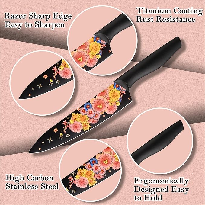 Marco Almond Knife Set Artistic Designed Pattern Kitchen Knife 6 Stainless Steel Kitchen Knives w 6 Blade Guards,Dishwasher Safe Kitchen Knife Sets for Family Knives Set for Chefs
