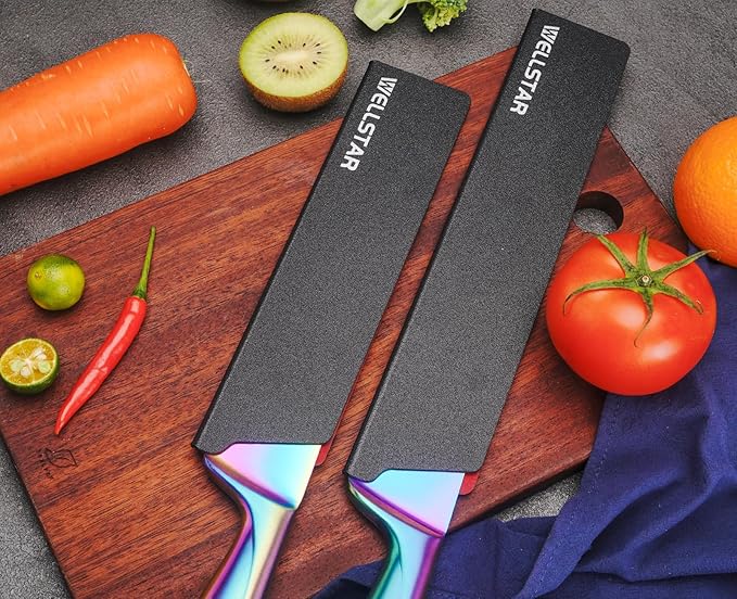 WELLSTAR Knife Edge Guards Set, 2 Piece Universal Blade Covers, BPA Free ABS Protective Blade Sheaths, Non-Scratch Felt Lining Kitchen Knives Covers (Knives not included)