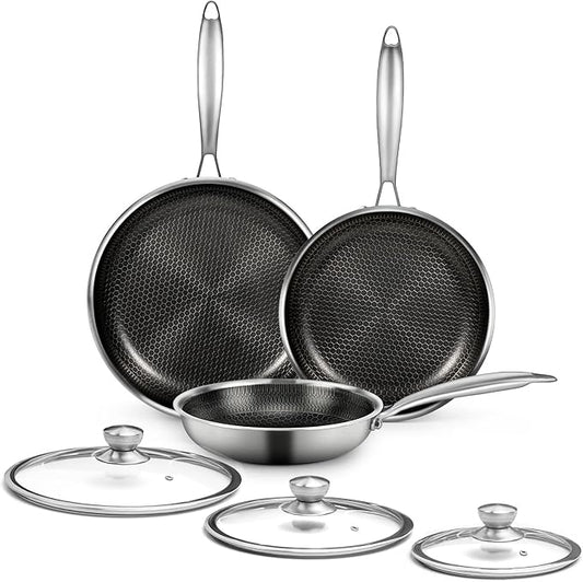 CADIVIZZO 6 Pieces Stainless Steel Frying Pan Set with Lids, Honeycomb Nonstick Frying Pan Set 3 Pcs,Induction Skillet Set Egg Omelette Frying Pan Sets W/Lid, Induction Compatible, PFOA Free